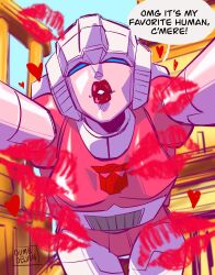 Rule 34 | 1girl, arcee, autobot, blue eyes, breasts, dumbdelvon, english text, highres, humanoid robot, image sample, kiss, mecha, medium breasts, pov, red lips, robot, science fiction, solo, speech bubble, thick lips, transformers, twitter sample