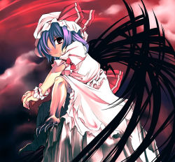 Rule 34 | 1girl, aburidashi zakuro, claws, dress, female focus, gradient background, monster girl, outdoors, remilia scarlet, short hair, sky, solo, touhou, wings