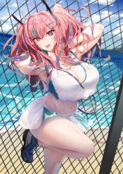 Rule 34 | 1girl, against fence, armpits, arms behind head, azur lane, bare shoulders, beach, blush, breasts, bremerton (azur lane), bremerton (scorching-hot training) (azur lane), chain-link fence, cleavage, cloud, crop top, crop top overhang, day, fence, grey hair, hair between eyes, hair ornament, hairclip, heart, heart necklace, highres, huge breasts, hyo19, jewelry, long hair, looking at viewer, mole, mole under eye, multicolored hair, narrow waist, navel, navel piercing, necklace, ocean, open mouth, outdoors, piercing, pink eyes, pink hair, racket, shirt, shoes, sky, sleeveless, sleeveless shirt, smile, sneakers, solo, sportswear, streaked hair, tennis racket, tennis uniform, thighs, tongue, tongue out, twintails, two-tone shirt, two-tone skirt, water, x hair ornament