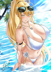 Rule 34 | 1girl, absurdres, ahoge, artoria pendragon (all), artoria pendragon (fate), artoria pendragon (swimsuit ruler) (fate), artoria pendragon (swimsuit ruler) (second ascension) (fate), bare shoulders, beach, bikini, blonde hair, blue sky, blush, braid, breasts, cleavage, collarbone, eyewear on head, fate/grand order, fate (series), flower, french braid, green eyes, hair between eyes, hair flower, hair ornament, highres, jewelry, large breasts, long hair, looking at viewer, navel, necklace, ocean, palm tree, parted lips, ponytail, shiki (love-saber), sidelocks, sky, solo, sunglasses, swimsuit, thighs, tree, wading, wet, white bikini