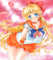 Rule 34 | 1girl, aino minako, artist name, at classics, bishoujo senshi sailor moon, blonde hair, blue bow, blue bowtie, blue eyes, blush, bow, bowtie, breasts, candy, chocolate, chocolate heart, closed mouth, cowboy shot, food, forehead jewel, gift, gloves, hair bow, heart, heart on chest, holding, holding gift, large breasts, leaning forward, long hair, looking at viewer, orange skirt, pleated skirt, red bow, sailor venus, sample watermark, school uniform, serafuku, short sleeves, skirt, smile, solo, thigh gap, traditional media, very long hair, watermark, white gloves