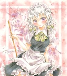 Rule 34 | 1girl, apron, ascot, bad id, bad pixiv id, border, bow, braid, broom, colored pencil (medium), floral background, flower, frilled skirt, frills, gradient background, hair bow, izayoi sakuya, leaning, light smile, looking at viewer, maid headdress, marker (medium), painting (medium), pink background, potto, potto (minntochan), puffy short sleeves, puffy sleeves, purple eyes, purple flower, purple rose, ribbon, rose, shikishi, short hair, short sleeves, silver hair, skirt, skirt set, solo, touhou, traditional media, twin braids, waist apron, watercolor (medium)