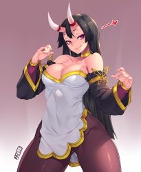 Rule 34 | 1girl, arm ribbon, bad id, bad twitter id, bare shoulders, black hair, breasts, brown pantyhose, choker, cleavage, closed mouth, detached sleeves, dress, fighting stance, fingernails, gluteal fold, gradient background, groin, hands up, heart, horns, jjune, legs apart, long fingernails, long hair, medium breasts, nail polish, oni, oni horns, original, pantyhose, pink eyes, pink lips, pink nails, ribbon, skin tight, slit pupils, smile, solo, standing, strapless, strapless dress, very long hair, white dress, yellow choker, yellow ribbon