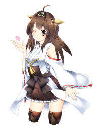 Rule 34 | 10s, 1girl, ;), ahoge, bad id, bad pixiv id, bare shoulders, brown hair, detached sleeves, double bun, frilled skirt, frills, hair bun, hairband, heart, highres, japanese clothes, kantai collection, kongou (kancolle), long hair, nontraditional miko, one eye closed, personification, ribbon-trimmed sleeves, ribbon trim, simple background, skirt, smile, solo, thighhighs, white background, yutazou