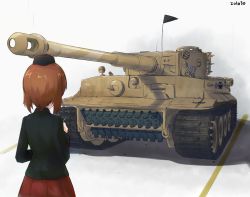 Rule 34 | 1girl, bad id, bad pixiv id, bing115, black hat, black jacket, brown hair, commentary request, commission, cross, dated, emblem, facing away, garrison cap, girls und panzer, hat, holding, holding pen, iron cross, jacket, korean commentary, kuromorimine military uniform, long sleeves, military, military hat, military uniform, military vehicle, motor vehicle, nishizumi miho, pen, pleated skirt, shadow, short hair, skirt, solo, standing, tank, tiger i, uniform