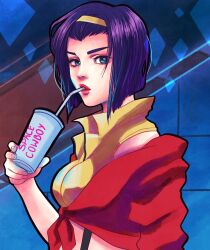 Rule 34 | 1girl, blue eyes, breasts, cowboy bebop, cup, derivative work, disposable cup, drinking straw, drinking straw in mouth, faye valentine, hairband, hannahartwork, highres, lipstick, looking at viewer, makeup, medium breasts, purple hair, screenshot redraw, solo, yellow hairband