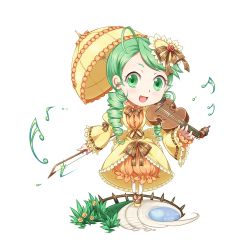 Rule 34 | 00s, 1girl, :d, bad id, bad pixiv id, bow, bow (music), chibi, drill hair, female focus, frills, full body, green eyes, green hair, hair ornament, instrument, kanaria, long hair, matching hair/eyes, mtyy, musical note, nature, open mouth, plant, rozen maiden, smile, solo, standing, transparent background, violin