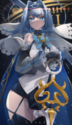 Rule 34 | 1girl, absurdres, artist name, bare shoulders, black gloves, black thighhighs, blue cape, blue eyes, blue hair, breasts, cape, chain, chain headband, cleavage cutout, clothing cutout, detached sleeves, gloves, hair intakes, head chain, heart-shaped gem, highres, hololive, hololive english, jewelry, large breasts, micro shorts, miniskirt, ouro kronii, sailor collar, serious, shadow, shirt, shorts, skirt, sleeveless, sleeveless shirt, sweater, thighhighs, turtleneck, turtleneck sweater, virtual youtuber, zelef