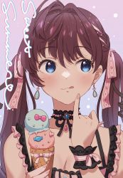Rule 34 | 1girl, :3, :q, absurdres, bad id, bad pixiv id, black choker, black ribbon, blue eyes, breasts, brown hair, choker, cleavage, collarbone, emu (emum), food, hair ribbon, highres, holding, holding food, ice cream, ichinose shiki, idolmaster, idolmaster cinderella girls, long hair, looking to the side, pink gemstone, pink ribbon, ribbon, sleeveless, small breasts, solo, tongue, tongue out, twintails, upper body, wrist cuffs