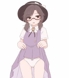 Rule 34 | 1girl, black hat, black neckwear, blush, bow, bow panties, brown eyes, brown hair, buttons, collar, collared shirt, dress, eyes visible through hair, glasses, hair ornament, hands up, hat, hat bow, highres, looking at viewer, miyo (ranthath), open mouth, panties, pantyshot, purple bow, purple dress, shirt, short hair, short sleeves, short twintails, simple background, solo, standing, touhou, twintails, underwear, usami sumireko, white background, white bow, white panties, white shirt, white sleeves, yellow neckwear