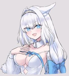 Rule 34 | 1girl, animal ear fluff, animal ears, argyle, argyle clothes, argyle cutout, bare shoulders, blue bow, blue eyes, blue ribbon, blush, bow, breasts, cat ears, cat girl, cleavage, clothing cutout, detached collar, detached sleeves, dobrynya nikitich (fate), dress, fate/grand order, fate (series), fur trim, hair bow, hairband, highres, large breasts, long hair, looking at viewer, low ponytail, open mouth, ribbon, short dress, smile, solo, white dress, white hair, yuzu (yuzu ss 31019)