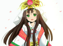 Rule 34 | 1girl, :d, beads, blush, bow, brown hair, coat, facial mark, flower, forehead mark, green eyes, hair ornament, headband, headdress, japanese clothes, jewelry, kimono, kushinada (p&amp;d), long hair, long sleeves, magatama, necklace, open mouth, petals, puzzle &amp; dragons, sabon (ilovesaya), simple background, smile, solo, upper body, wheat, white background, yellow bow
