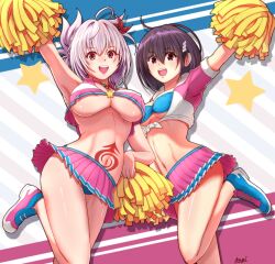 2girls absurdres ayakashi_triangle big_kapipara breasts cheerleader crossed_bangs genderswap genderswap_(mtf) hair_between_eyes hair_ornament hairclip highres holding kanade_suzu kazamaki_matsuri multiple_girls navel no_bra pinwheel pinwheel_hair_ornament pom_pom_(cheerleading) red_eyes shiny_skin shoes underboob