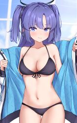Rule 34 | 1girl, absurdres, bikini, black bikini, blue archive, blue eyes, blush, breasts, caffeinechara, cleavage, collarbone, cowboy shot, front-tie top, halo, highres, holding, holding clothes, holding jacket, jacket, looking at viewer, medium breasts, multicolored clothes, multicolored jacket, navel, purple eyes, solo, stomach, sweatdrop, swimsuit, thigh gap, two-tone jacket, two side up, yuuka (blue archive)