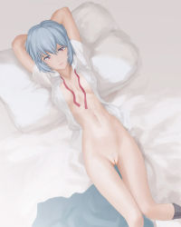 Rule 34 | arms behind head, arms up, ayanami rei, bed, blue hair, bottomless, dress shirt, highres, lying, neon genesis evangelion, nikochivv, on back, open clothes, open shirt, pillow, pussy, red eyes, shirt, short hair, uncensored