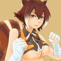 Rule 34 | 1girl, animal ears, arc system works, artist name, bare shoulders, blazblue, blazblue: continuum shift, breasts, brown eyes, brown hair, clenched hands, crop top, fighting stance, hand wraps, highres, large breasts, lips, makoto nanaya, multicolored hair, nose, sae (tie3tsuki), short hair, simple background, solo, squirrel ears, squirrel tail, tail, two-tone hair, underboob, upper body, wrist wrap