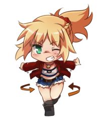 Rule 34 | 1girl, ;), bandeau, blonde hair, blush, boots, braid, chibi, cutoffs, denim, denim shorts, fate/apocrypha, fate (series), french braid, green eyes, grin, jacket, jewelry, long hair, midriff, mordred (fate), mordred (fate/apocrypha), mordred (memories at trifas) (fate), necklace, one eye closed, open clothes, open jacket, ponytail, red jacket, scrunchie, shorts, smile, solo, strapless, transparent background, tube top, tusia, type-moon, wink