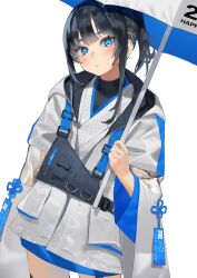 Rule 34 | 1girl, absurdres, bag, black hair, blue eyes, blue theme, blush, closed mouth, commentary request, cowboy shot, hand up, heart, heart-shaped pupils, highres, holding, holding umbrella, jacket, japanese clothes, kimono, long sleeves, looking at viewer, mashiro kta, open clothes, open jacket, original, ponytail, short ponytail, sidelocks, simple background, solo, symbol-shaped pupils, umbrella, white background, white jacket, wide sleeves