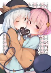 Rule 34 | 2girls, ;), ahoge, argyle, argyle background, argyle clothes, asymmetrical docking, black hat, blurry, blush, border, bow, breast press, breasts, buttons, candy, chocolate, chocolate heart, closed mouth, collared shirt, crystal, depth of field, eyeball, eyebrows, food, food in mouth, frilled sleeves, frills, from side, green skirt, grey eyes, hairband, happy valentine, hat, hat ribbon, heart, heart button, heart of string, highres, hug, komeiji koishi, komeiji satori, long sleeves, looking at viewer, mouth hold, multiple girls, one eye closed, pink hair, pink skirt, purple eyes, rerrere, ribbon, shirt, short hair, siblings, silver hair, sisters, skirt, small breasts, smile, third eye, touhou, upper body, valentine, wide sleeves, yellow bow, yellow ribbon