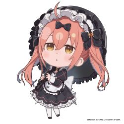 Rule 34 | 1girl, ahoge, apron, barcode, black bow, black dress, black footwear, black ribbon, bow, brown eyes, chibi, cocoa (nikke), commentary request, dress, frilled apron, frills, full body, goddess of victory: nikke, hair bow, hair ribbon, highres, holding, holding umbrella, juliet sleeves, long sleeves, multicolored hair, official art, orange hair, petticoat, puffy sleeves, ribbon, solo, streaked hair, totatokeke, triangle mouth, twintails, umbrella, white apron