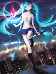 Rule 34 | 00s, 1girl, absurdres, aqua hair, bandages, bandages around chest, black footwear, boots, breasts, cityscape, cleavage, cross-laced footwear, evil smile, gem, glowing, glowing eyes, hatsune miku, highres, jpeg artifacts, katana, knee boots, lace-up boots, long hair, navel, night, parted lips, red eyes, sarashi, shorts, small breasts, smile, solo, standing, standing on one leg, sword, very long hair, vocaloid, weapon, xiao ren, yandere