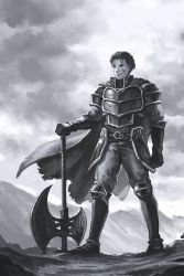 Rule 34 | 1boy, armor, axe, finval, fire emblem, fire emblem: the blazing blade, full body, gauntlets, greaves, greyscale, hector (fire emblem), highres, holding, holding weapon, looking at viewer, monochrome, nintendo, outdoors, pauldrons, shoulder armor, smile, weapon