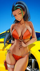 Rule 34 | 1girl, bare shoulders, bikini, bikini pull, black hair, blush, breasts, car, cleavage, clothes pull, collarbone, commentary, creatures (company), dark-skinned female, dark skin, elbow gloves, ford, ford mustang, foxyreine, game freak, gloves, green hair, grin, high ponytail, highres, large breasts, long hair, looking at viewer, motor vehicle, multicolored hair, navel, nemona (pokemon), nintendo, orange bikini, orange eyes, outdoors, pokemon, pokemon sv, pouch, sideboob, single elbow glove, skindentation, smile, solo, sports car, stomach, streaked hair, sweat, swimsuit, tan, thigh strap, thighs, wet
