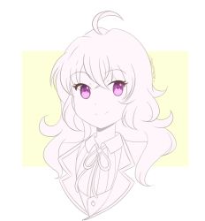 Rule 34 | 1girl, ahoge, blonde hair, border, chocomiru, closed mouth, curly hair, long hair, looking to the side, ribbon, rwby, school uniform, sketch, solo, unfinished, upper body, white border, yang xiao long, yellow background