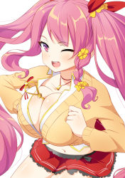 Rule 34 | 1girl, ;d, between breasts, braid, breasts, breasts squeezed together, cleavage, cowboy shot, cowslip (flower knight girl), flower, flower knight girl, hair flower, hair ornament, highres, key, large breasts, long hair, looking at viewer, navel, one eye closed, open mouth, pink eyes, pink hair, red skirt, sakamata (sakamata4), sidelocks, simple background, skirt, smile, solo, sweater, twintails, white background, yellow sweater