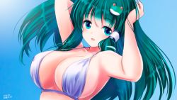 Rule 34 | 1girl, bare shoulders, bikini, breasts, cleavage, commentary request, frog hair ornament, green eyes, green hair, hair between eyes, hair ornament, hands in hair, kochiya sanae, large breasts, long hair, looking at viewer, simple background, smile, snake hair ornament, solo, swimsuit, touhou, white bikini, yamaguchi yuu
