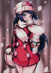 Rule 34 | 1girl, artist name, bare tree, beanie, blue eyes, blue hair, blurry, blush, breath, coat, coat dress, commentary, cowboy shot, creatures (company), cup, dawn (pokemon), depth of field, drink, floating hair, game freak, hat, holding, holding cup, long hair, looking at viewer, makaroll, nintendo, open mouth, outdoors, pokemon, pokemon dppt, pokemon platinum, reaching, reaching towards viewer, red coat, scarf, sidelocks, snowing, solo, standing, steam, swept bangs, symbol-shaped pupils, teeth, tree, very long hair, white hat, white scarf, winter, winter clothes, winter coat