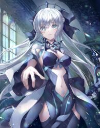 Rule 34 | 1girl, absurdres, black bow, black dress, blue eyes, bow, braid, breasts, cleavage, clothing cutout, commentary request, dress, fate/grand order, fate (series), french braid, grey hair, hair between eyes, hair bow, highres, holding, holding staff, holding weapon, kuraha1601, long hair, medium breasts, morgan le fay (fate), navel, pelvic curtain, pubic tattoo, solo, spikes, staff, stomach, stomach cutout, tattoo, two-tone dress, very long hair, weapon, wet, white dress, wide sleeves