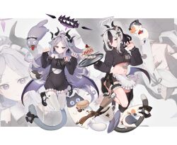 Rule 34 | 2girls, alternate costume, apron, black dress, black hair, blue archive, cat, commentary request, demon girl, demon horns, demon wings, dress, enmaided, forehead, hair between eyes, halo, highres, hina (blue archive), horns, kayoko (blue archive), long hair, long sleeves, looking at viewer, maid, maid apron, maid headdress, mary janes, multicolored hair, multiple girls, navel, okurahokori, parted bangs, parted lips, paw pose, ponytail, purple eyes, red eyes, shoes, sidelocks, simple background, single wing, stomach, thighhighs, two-tone hair, wavy hair, white hair, white thighhighs, wings, zettai ryouiki, zoom layer