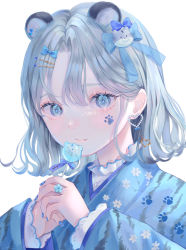 Rule 34 | 1girl, absurdres, animal ears, bear hair ornament, blue bow, blue eyes, blue hair, blue kimono, blue nails, blue theme, blush, bow, candy, chinese zodiac, closed mouth, collar, earrings, facial tattoo, flower, flower ring, food, frilled collar, frills, hair ornament, hairclip, heart, highres, japanese clothes, jewelry, kimono, lollipop, long eyelashes, long sleeves, looking at viewer, nail polish, original, own hands together, parted bangs, paw print, powa (36iii), ring, short hair, simple background, solo, tattoo, tiger ears, white background, year of the tiger