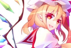 Rule 34 | 1girl, blonde hair, crystal, fang, flandre scarlet, from side, hat, hat ribbon, kawasaki toiro, mob cap, open mouth, pointy ears, portrait, puffy sleeves, red eyes, ribbon, short sleeves, side ponytail, simple background, slit pupils, smile, solo, touhou, white background, wings
