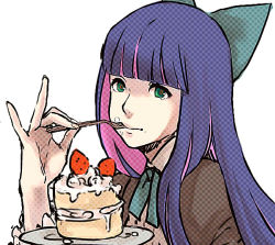 Rule 34 | 10s, 1girl, bow, cake, colored inner hair, cream, cream on face, eating, face, food, food on face, fork, green eyes, hair bow, kimura (kokonoe2010), long hair, multicolored hair, panty &amp; stocking with garterbelt, pink hair, pinky out, solo, stocking (psg), two-tone hair