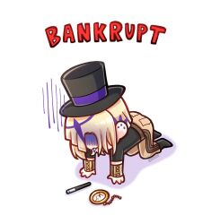 Rule 34 | all fours, blonde hair, brown pants, facial hair, hat, highres, holostars, holostars english, magni dezmond, multicolored hair, mustache, pants, pocket watch, purple hair, simple background, top hat, turn pale, virtual youtuber, watch, white background, zeitaraart