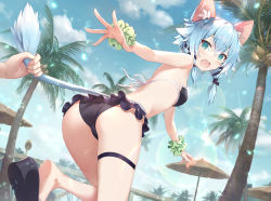 Rule 34 | 1girl, animal ear fluff, animal ears, ass, bikini, black bikini, black footwear, blue hair, blue sky, blush, breasts, cat ears, cat girl, cat tail, cloud, commentary request, day, fang, frilled bikini, frills, gabiran, green eyes, hair between eyes, looking at viewer, looking back, open mouth, outdoors, palm tree, parasol, sandals, sinon, sinon (sao-alo), sky, small breasts, solo focus, standing, standing on one leg, swimsuit, sword art online, tail, tail grab, thigh strap, thighs, tree, umbrella