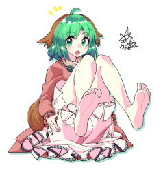 Rule 34 | 1girl, animal ears, barefoot, bloomers, commentary, dog ears, dog tail, folded, foreshortening, full body, green eyes, green hair, kasodani kyouko, legs up, long sleeves, looking at viewer, open mouth, short hair, simple background, soles, solo, tail, touhou, umigarasu (kitsune1963), underwear, white background