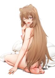 Rule 34 | 1girl, absurdres, animal ear fluff, animal ears, barefoot, blush, breasts, brown hair, completely nude, feet, highres, long hair, looking at viewer, looking back, medium breasts, nipples, nude, one eye closed, open mouth, purple eyes, raccoon ears, raccoon girl, raccoon tail, raphtalia, ryu jiao, seiza, sidelocks, sitting, smile, soles, solo, tail, tate no yuusha no nariagari, toes, very long hair, yawning