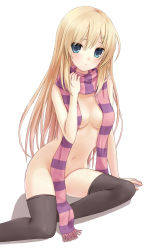 Rule 34 | 1girl, black thighhighs, blonde hair, blue eyes, breasts, censored, convenient censoring, hair between eyes, hair ornament, hairclip, highres, long hair, long legs, looking at viewer, medium breasts, n.g., naked scarf, navel, nude, original, scarf, shadow, simple background, sitting, solo, striped clothes, striped scarf, thighhighs, yokozuwari