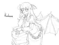 Rule 34 | 1girl, bags under eyes, book, book stack, breasts, chain, character name, closed mouth, collared shirt, commentary request, cowboy shot, demon wings, eyelashes, fingernails, hand on own cheek, hand on own face, head wings, juliet sleeves, koakuma, korean commentary, lineart, long hair, long sleeves, looking ahead, multiple wings, necktie, pencil skirt, puffy sleeves, shirt, simple background, skirt, sleeve garter, solo, touhou, vest, waiwa way, white background, wings