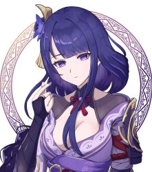 Rule 34 | 1girl, armor, braid, breasts, bridal gauntlets, chahanramen, cleavage, closed mouth, expressionless, finger heart, flower, genshin impact, hair flower, hair ornament, highres, japanese clothes, kimono, long hair, looking at viewer, medium breasts, mole, mole under eye, purple eyes, purple hair, purple kimono, raiden shogun, shoulder armor, simple background, solo, upper body, white background