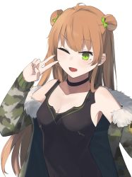 Rule 34 | 1girl, black choker, black shirt, bow, breasts, brown hair, camouflage, camouflage jacket, choker, cleavage, clothes pull, double bun, fur-trimmed jacket, fur trim, girls&#039; frontline, green eyes, hair bow, hair bun, hair ornament, hairclip, highres, hinami047, jacket, jacket pull, light brown hair, long hair, looking at viewer, medium breasts, one eye closed, open clothes, open jacket, open mouth, rfb (girls&#039; frontline), shirt, smile, solo, v, white background
