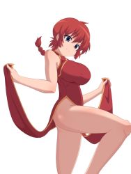 Rule 34 | 1girl, ass, bare legs, blue eyes, braid, breasts, china dress, chinese clothes, dress, gender request, genderswap, large breasts, nanashi maru, no panties, ranma-chan, ranma 1/2, red hair, saotome ranma, shiny skin, single braid, smile, solo