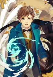 Rule 34 | 1boy, 253421, bow, bowtie, brown hair, fantastic beasts and where to find them, harry potter (series), magic, male focus, newt scamander, solo, waistcoat, wand, wizard, wizarding world