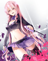 Rule 34 | 10s, 1girl, akuma no riddle, black thighhighs, breasts, brown eyes, cleavage, drill hair, dual wielding, holding, holding knife, inukai isuke, knife, long hair, navel, pink hair, pleated skirt, purple skirt, skirt, solo, thighhighs, twin drills, tyone