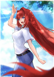 Rule 34 | 1girl, absurdly long hair, absurdres, aozaki aoko, ass, belt, black belt, blue pants, blue sky, breasts, cloud, commentary, dappled sunlight, day, denim, drizzwryyy, floating hair, hair between eyes, hair intakes, highres, jeans, long hair, looking at viewer, medium breasts, melty blood, melty blood: type lumina, open mouth, pants, pocket, red hair, shirt, short sleeves, signature, sky, smile, solo, sunlight, t-shirt, tree, tsukihime, tsukihime (remake), very long hair, white shirt