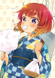 Rule 34 | 10s, 1girl, alternate costume, blush, braid, broiler, commentary request, cotton candy, eating, etorofu (kancolle), floral print, food, gradient hair, highres, holding, holding food, japanese clothes, kantai collection, kimono, multicolored hair, obi, orange hair, purple eyes, red hair, sash, short hair, side braid, solo, twin braids, twintails, upper body, yukata