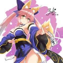 Rule 34 | 10s, 1girl, animal ears, bell, blue legwear, blush, bow, breasts, cleavage, collar, detached sleeves, fate/extra, fate (series), fox ears, fox tail, hair bow, hair ribbon, japanese clothes, large breasts, looking at viewer, looking down, neck bell, panties, pink hair, ribbon, solo, striped clothes, striped panties, subaru (794829485), tail, tamamo no mae (fate/extra), underwear, yellow eyes